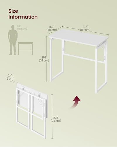 VASAGLE Folding Desk, Foldable Computer Desk, One-Piece Desktop, Rounded Edges, Small Folding Craft Table for Bedroom, Balcony, Camping, Easy Assembly, 31.5 x 15.7 Inches, Matte White ULWD151WF01 - color: Matte White, size: 31.5"