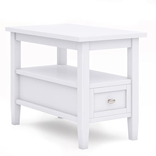 SIMPLIHOME Warm Shaker End Table - 14 inch Wide Solid Wood Narrow Side Table in White, Transitional Accent Table for Living Room or Bedroom with Drawer, Open Shelf and Square Tapered Legs - color: White, size: 14 inch, style: End Table