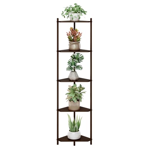 Wisuce Brown Tall Corner Shelf Stand, 5-Tier Bamboo Corner Bookshelf | Space-Saving Narrow Corner Shelf | Bathroom Corner Shelf | Shelves for Bedroom, Living Room, Kitchen & Plant Display - color: Brown, size: 5 Tier