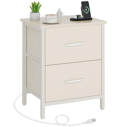 Vagusicc Nightstand with Charging Station, Bedside Table with USB Ports and Outlet, End Table Side Table with 2 Fabric Drawers for Bedroom, Living Room, Beige - color: Beige (1 Pack)