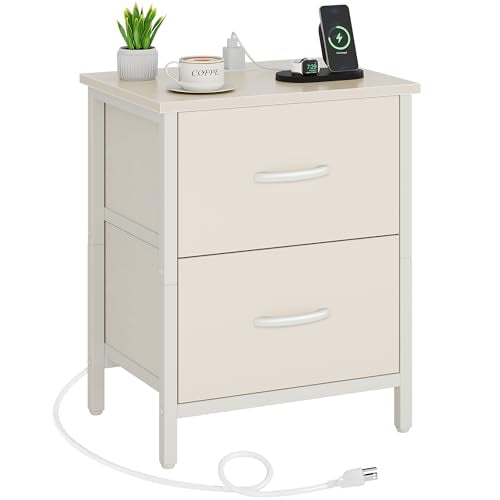 Vagusicc Nightstand with Charging Station, Bedside Table with USB Ports and Outlet, End Table Side Table with 2 Fabric Drawers for Bedroom, Living Room, Beige - color: Beige (1 Pack)