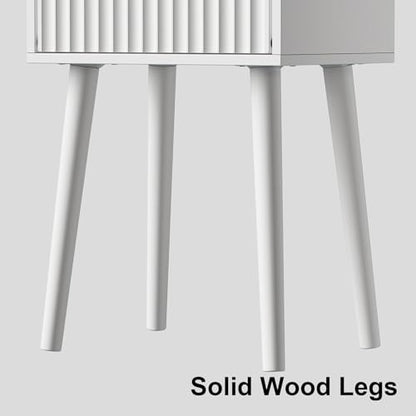LAATOOREE Nightstand Set of 2, Small Bed Side Table with Fluted Door, End Table with Solid Wood Legs, Mid-Century Bedside Table for Bedroom Small Space - color: White, style: Fluted Style
