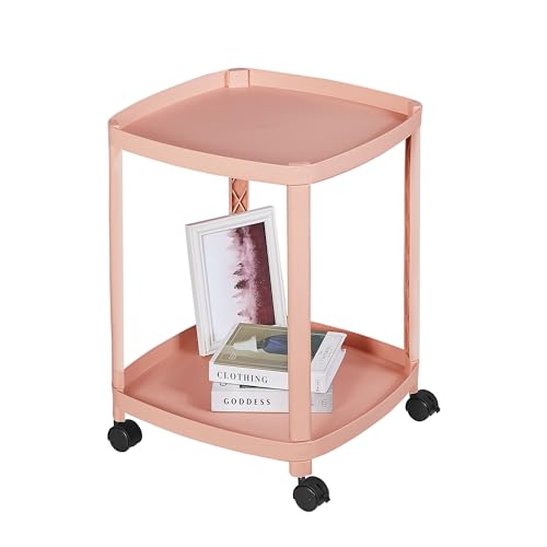 VECELO Rolling End Side Table with Lockable Wheels, 2‑Tier Plastic Mobile Sofa Side Table, Small Nightstand Storage Cart for Living Room Bedroom Bathroom, 1 PCS, Pink - color: Pink, size: 1 PCS