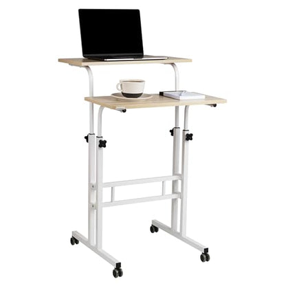 Mind Reader Standing Desk, Adjustable Height Laptop Workstation, Portable Rolling Desk on Wheels, Two-Tier Metal Frame, White - color: White