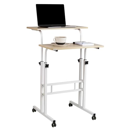 Mind Reader Standing Desk, Adjustable Height Laptop Workstation, Portable Rolling Desk on Wheels, Two-Tier Metal Frame, White - color: White