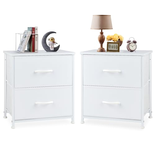 DUMOS Nightstand Set of 2, Small Dresser with 2 Fabric Drawers, End Table | Bedroom Kids Bedside Storage Furniture for 25 inch Tall Night Stand, Dorm, White - color: White, size: 11.8"D x 18.1"W x 20"H (2 Drawers)