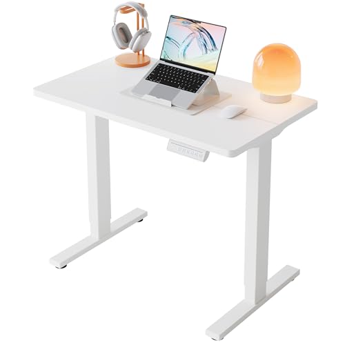 HUANUO 32x19 Inch Small Electric Standing Desk, Adjustable, White | Compact Home Office Desk, 176lbs Heavy Duty Lifting with 4 Height Presets. M8 Screw Holes Ready for DIY Mobile Wheels - color: White, size: 32" X 19"