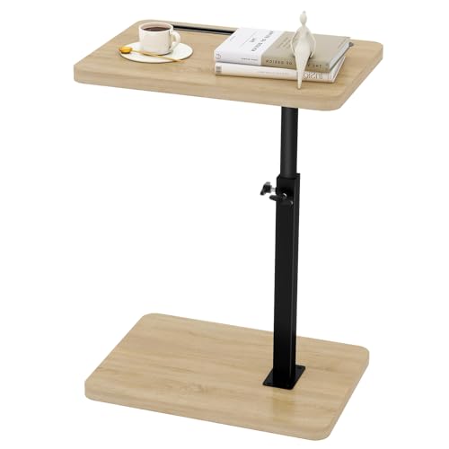 IBUYKE C Shaped Side Table,TV Tray Table,Natural UTVT003R | 360° Swivel Height Adjustable,End Table for Small Spaces,with Phone Tablet Slot, Small Coffee Snack Table for Sofa Bed - color: Natural, size: Standard