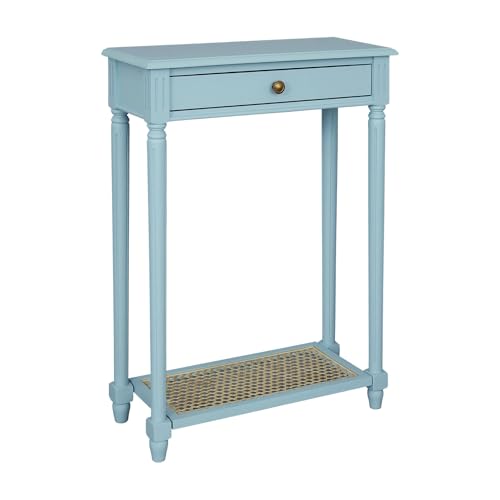 East at Main Lenora Blue Narrow Console Table for Entryway with Drawer | 23.75-inch slim hallway table with cane shelf, solid wood frame, powder blue finish, coastal furniture for small spaces - color: Powder Blue