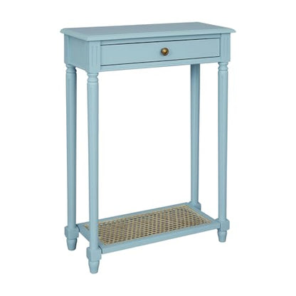 East at Main Lenora Blue Narrow Console Table for Entryway with Drawer | 23.75-inch slim hallway table with cane shelf, solid wood frame, powder blue finish, coastal furniture for small spaces - color: Powder Blue