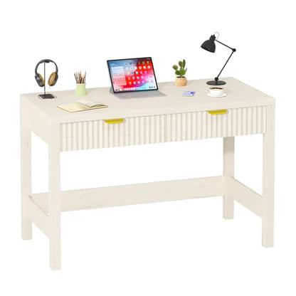 YOMILUVE Fluted Computer Desk with 2 Drawers, 39 Inch Small Computer Desk with Storage, Compact Writing Study Vanity Desk for Small Spaces, White - color: White