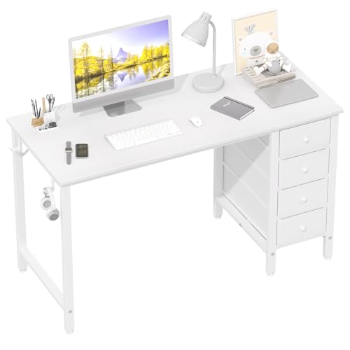 Lufeiya White Computer Desk with Drawers, 47 Inch Reversible Study Work Writing Desk for Home Office Bedroom, Simple Modern Cute PC Desks with Fabric Drawer, White - color: Warm White, size: 47.2"