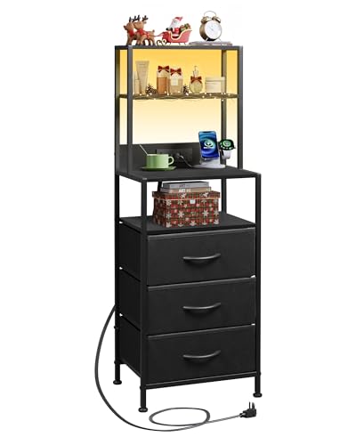 WLIVE Tall Nightstand with Charging Station, LED Night Stand with 3 Fabric Drawers and Storage Open Shelves, Bedroom Nightstand Table, Bed Side Table for Living Room, Black - color: Black, size: 1 Piece, style: 3 Drawers