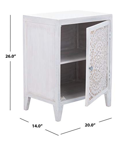 SAFAVIEH Furniture - Thea 1-Door Carved Nightstand - White Washed - Mango Wood - Artisan Global Design - Ideal for Bedroom, 20"W x 14"D x 26"H - Fully Assembled (NST5300C) - color: White Washed