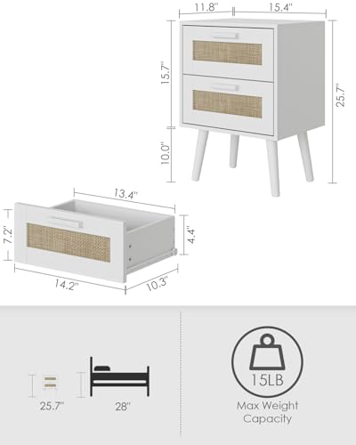 Masupu Rattan Night Stand, Modern nightstand Boho Bedside Table with 2 Drawer, Small End Side Table for Bedroom,Living Room,Office,White - color: White