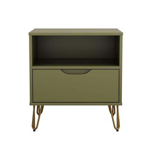 Manhattan Comfort Avira 20 Inch Nightstand with Drawer and Shelf, Mid Century Modern Bedroom Stand with Storage, Compact Side End Table with Metal Legs, Olive Green - color: Olive Green