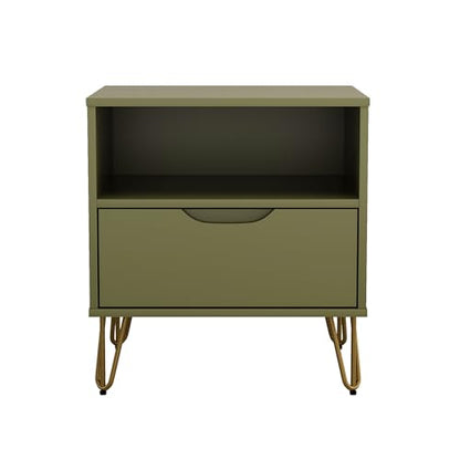 Manhattan Comfort Avira 20 Inch Nightstand with Drawer and Shelf, Mid Century Modern Bedroom Stand with Storage, Compact Side End Table with Metal Legs, Olive Green - color: Olive Green