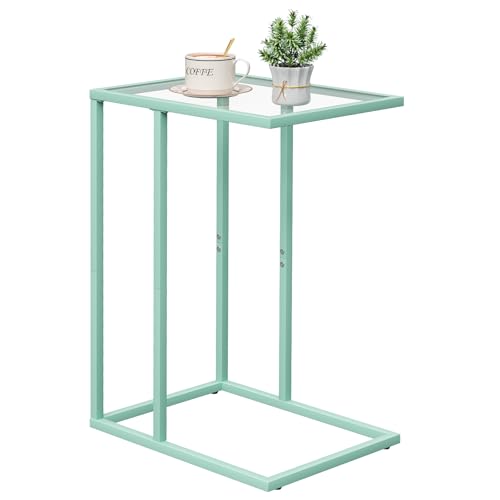 Easy Paws C Shaped Table,Glass Side End Table for Sofa,Tempered Glass Snack Couch Dinner Tv Tray Table with Metal Frame,Small Bedside Nightstand Table for Small Space(Green) - color: Green