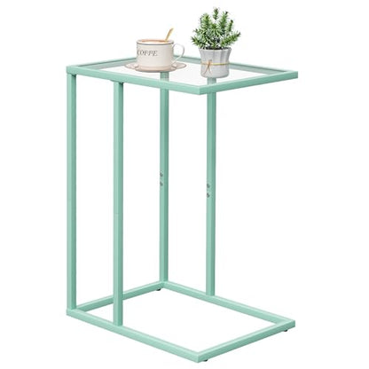 Easy Paws C Shaped Table,Glass Side End Table for Sofa,Tempered Glass Snack Couch Dinner Tv Tray Table with Metal Frame,Small Bedside Nightstand Table for Small Space(Green) - color: Green
