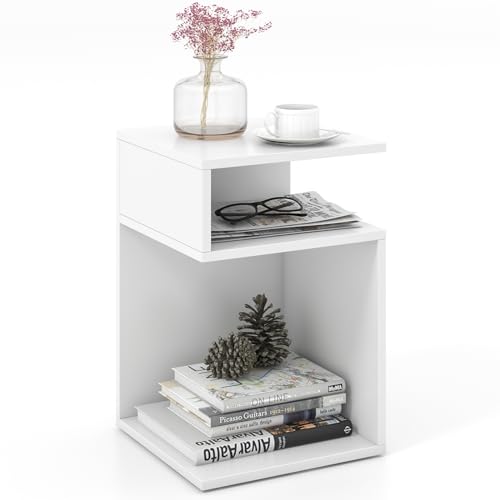Giantex 3-Tier Side Table, S-Shaped End Table with 2 Open Storage Compartments, Wood Narrow Bedside Table, Modern Nightstand for Bedroom, Living Room, Small Spaces, Easy Assembly, White