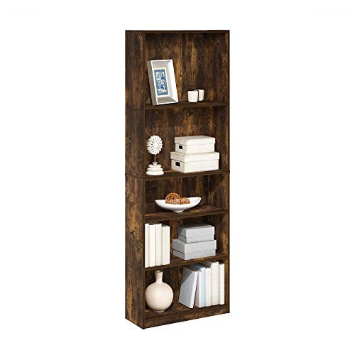 Furinno JAYA Book Shelf, 5-Tier Bookshelf, Bookcase with Adjustable Shelves, 9.5" x 24.5" x 71.2", for Organization and Storage, for Living Room, Bedroom, Home Office, Amber Pine - color: Amber Pine, size: 5-Tier, Adjustable Shelves