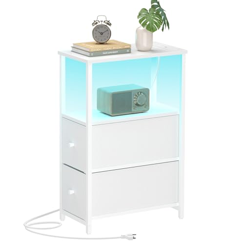 TUTOTAK Narrow LED End Table, Skinny Side Table with Charging Station | Bedside Table with Outlets, Slim Nightstand with 2 Cloth Drawers for Small Space, Living Room, Bedroom, White TB01BW085L - color: White, size: 1 Pack (2 Drawers), style: Plug & LED