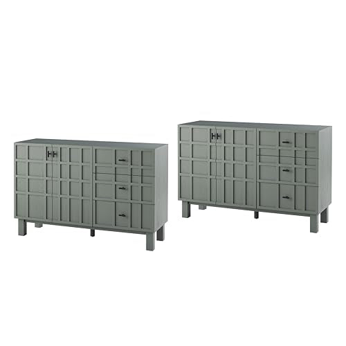 Aoikax Modern Sideboard Buffet Cabinet X 2P with 2 Doors & 3 Drawers, Minimalist Grid Carved Pine Front Storage Cabinet for Living Room, Kitchen, Ash Veneer Top, Metal Legs, Light Green - color: 2 Door & 3 Drawer, size: 2-PACK
