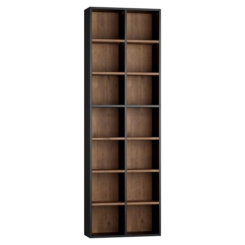 FOTOSOK 71'' Tall Bookshelf with 14 Cubes, 7 Tier Double Wide Wood Bookshelf with 6 Adjustable Shelves, 19.6" Narrow Bookcase DVD/CD Media Storage, Space Saving Display Shelf Cabinet, Black/Brown - color: Black/Brown