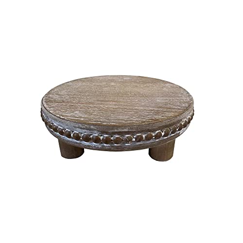 Farmhouse Beaded Wood Pedestal Tray Decor, 7.6” Round Vintage Display Stand, Decorative Accent Display Riser for Farmhouse Kitchen, Bathroom (Natural)