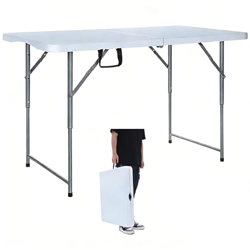 Lakhow Folding Table 4 Foot Portable Heavy Duty Plastic Fold-in-Half Utility Table with Carrying Handle,Indoor Outdoor Small Adjustable Height Folding,Camping and Party,White - color: 48 Inches White