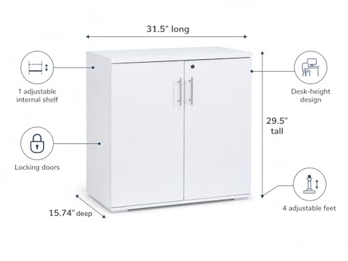 MMT Storage Cupboard, Storage Cabinet, File Cabinet for Office Documents, Garage Tools, Utility, White Wood, Lockable, 31.5" Long