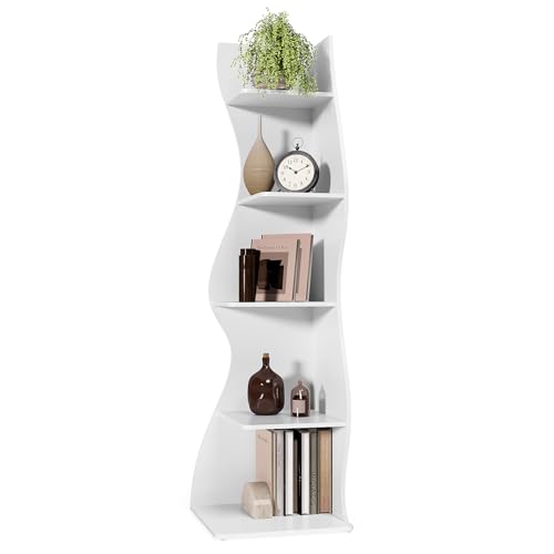 LITTLE TREE 70-Inch Corner Shelf, Seaweed Shaped Etagere Display Bookshelf, Freestanding 5-Tier Wall Shelves for Small Spaces, Living Room, Bedroom, White, 1 Pack - color: White, size: 1 Pack