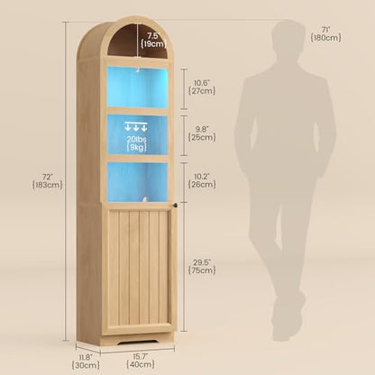72" Tall Arched Narrow Bathroom Storage Cabinet with Lights, Slim Storage Cabinet with Adjustable Shelves for Small Spaces, Farmhouse Style (Oak) - color: Oak