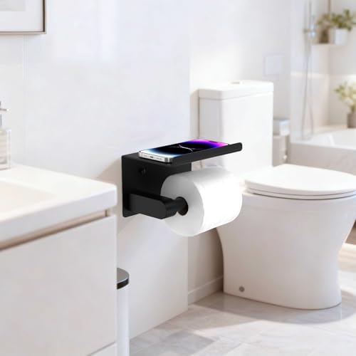 Bntuk Toilet Paper Holder with Shelf, Self-Adhesive or Screw Wall Mount Toilet Paper Holder with Wipes Storage, Rustproof Stainless Steel Tissue Roll Holder for Bathroom Washroom (Matte Black) - color: Black