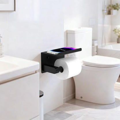Bntuk Toilet Paper Holder with Shelf, Self-Adhesive or Screw Wall Mount Toilet Paper Holder with Wipes Storage, Rustproof Stainless Steel Tissue Roll Holder for Bathroom Washroom (Matte Black) - color: Black