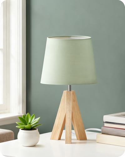Tripod Table Lamp, Small Bedside Lamp with Wood Base & Green Fabric Shade, Little Cute Desk Lamp, Modern Nightstand Lamp for Bedroom, Kids Room, Living Room, Office, Corner, Green J51TL05 - color: Green+Natural Wood