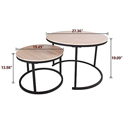 HOJINLINERO Round Coffee Table,Nesting Coffee Table Set of 2,Center Tables for Living Room,Office, Home Small Space,Stacking Side Tables,Sturdy and Easy Assembly,Wood Desktop,Black+Teak OAKDK,Large - color: Oak, size: Large