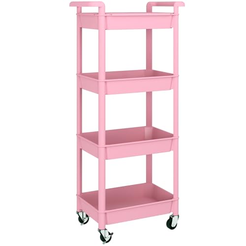 MIOCASA Utility Rolling Cart with Detachable Tray Top, 4-Tier Kitchen Storage Organization, Art Cart with Wheels for Office, Classroom, Livingroom, Kitchen, Bathroom (Pink, 4-Tier-Plastic) - size: 4-Tier, style: Pink