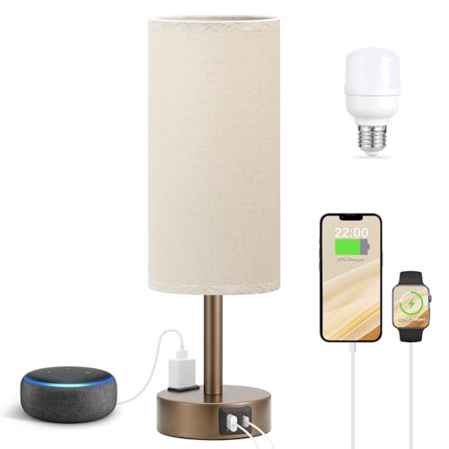 Fenmzee Brown Bedside Table Lamp for Bedroom - 3 Way Dimmable Touch Lamp USB C Charging Ports and AC Outlet, Small Lamp Round Flaxen Fabric Shade for Living Room, Desk, LED Bulb Included - color: Beige - Brown, size: 14" Touch Control