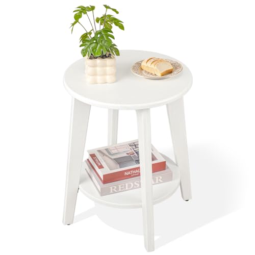 Small End Side Table Wooden Round End Table with Lower Shelf Wood Grain White Nightstand Sofa Tables for Small Spaces, Living Room, Bedroom - color: Wood Grain White