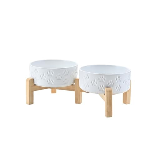 SPUNKYJUNKY Elevated Dog Bowls Ceramic, 5.1'' Dogs and Cat Food Water Bowls Raised with Non-Slip Bamboo Stand for Puppy Small Sized Breed Microwave Dishwasher Safe - 13.5 OZ,Paw White - color: Paw White, size: 5.1 in - 1.7 cups