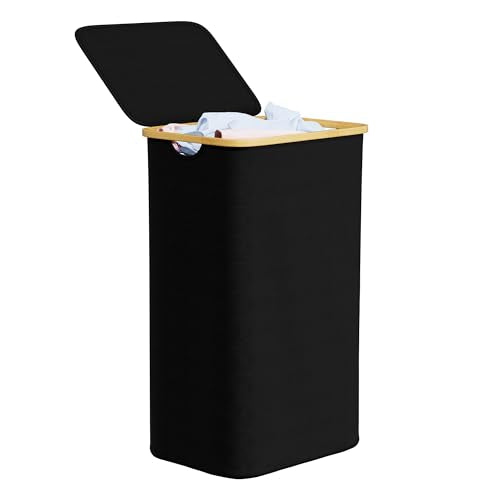 SpaceAid Laundry Hamper with Lid, 110L Large Tall Clothes Basket Bin with Bamboo Handles, Collapsible Laundry Hamper for Bedroom, Bathroom, Dorm, Laundry Room - Black - color: Black, size: 110 L