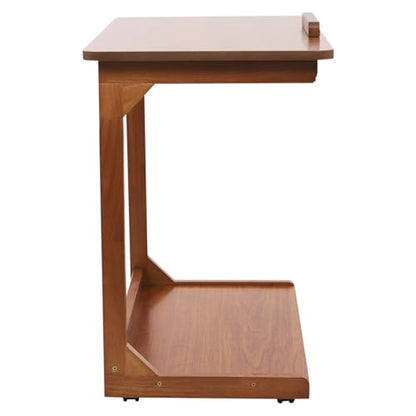 Modern C-Shaped End Table, 2 Tier Sofa Side Table with Wheels and Adjustable Desktop Small TV Tray Tables for Living Room Bedroom Apartment (Walnut, 60cm) - color: Walnut, size: 60cm