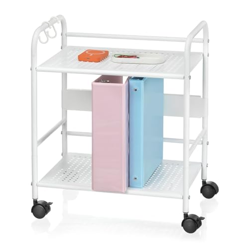 2-Tier Metal Rolling Cart, Compact Under Desk Storage Organizer | 12.2" clearance fits binders & tall bottles; anti-drop safety guard; small space mobile shelf for home, bedroom & office. - color: White