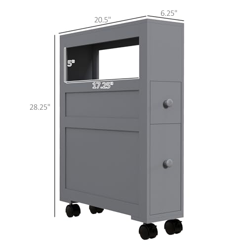 HOMCOM 6.25" x 20.5" x 28.25" Wood Rolling Narrow Bathroom Side Storage Cabinet - Gray - color: Grey