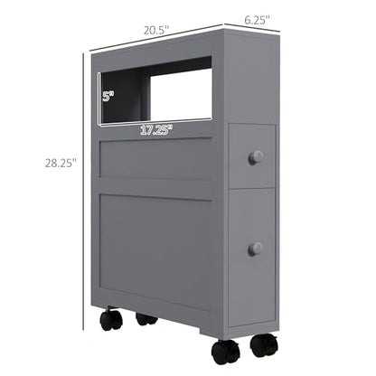 HOMCOM 6.25" x 20.5" x 28.25" Wood Rolling Narrow Bathroom Side Storage Cabinet - Gray - color: Grey