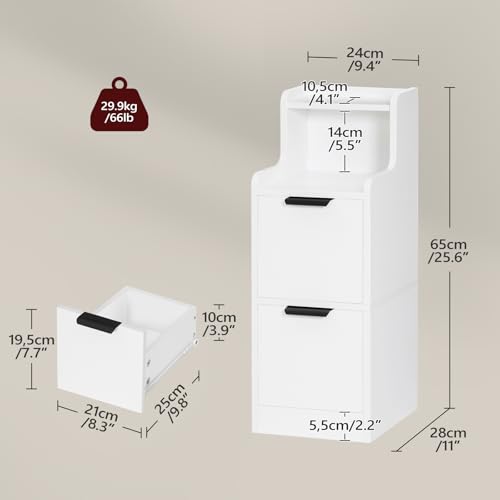 MAHANCRIS Narrow Nightstand with LED Light, Small Side Table with 2 Drawers, Open Shelf, Modern Bedside Table, Slim End Table for Small Spaces, Skinny Night Stand for Bedroom, White ETWT35E01 - color: White