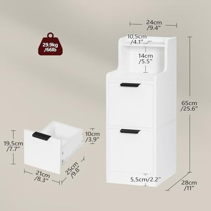 MAHANCRIS Narrow Nightstand with LED Light, Small Side Table with 2 Drawers, Open Shelf, Modern Bedside Table, Slim End Table for Small Spaces, Skinny Night Stand for Bedroom, White ETWT35E01 - color: White