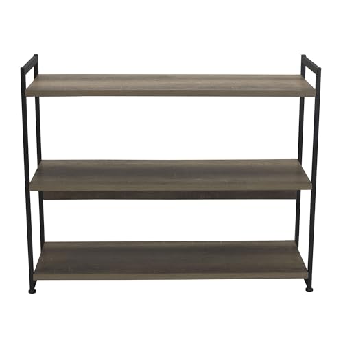 Household Essentials Wide 3‑Shelf Open Storage Bookshelf in Oak Rustic Wood Grain and White Metal Frame, Ashwood - color: Ashwood