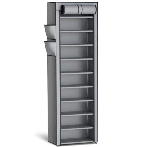 Kitsure Shoe Rack - 10-Tier Large Capacity Shoe Organizer Shelf with Dust Cover & Side Pockets, Rust-Proof Metal Shoe Rack for Closet, Entrance, Living Room, 17.5" x 12.4" x 69.3", Grey - color: Grey, size: 17.5" x 12.4" x 69.3"